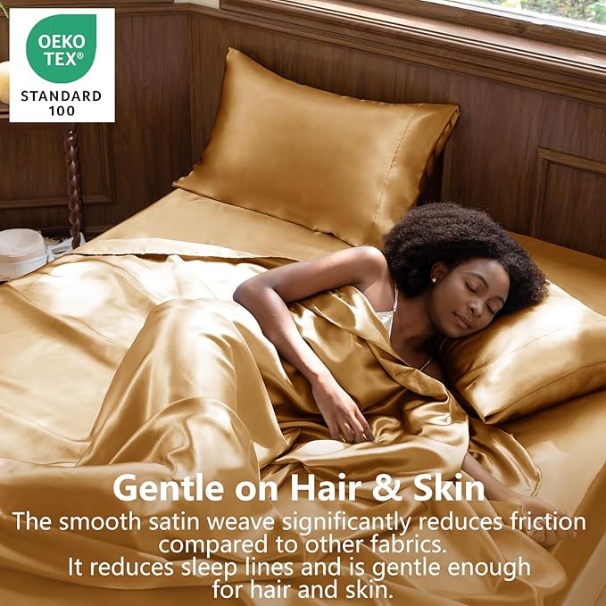 CozyLux Satin Sheets Full Size Sheets - 4 Piece Silky Full Size Bed Sheets, Luxury Gold Full Bed Set with Smooth and Soft Microfiber, Includes 1 Fitted Sheet, 1 Flat Sheet and 2 Pillowcases