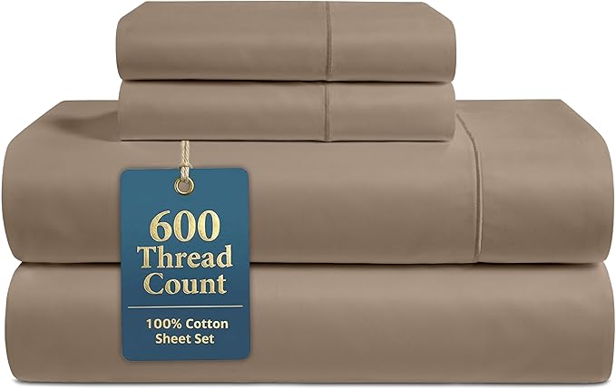 Lane Linen 100% Cotton Bed Sheets – 600 Thread Count Cooling Sheets Queen, Durable Daily Use Bedding, Value Comfort for Nightly Rest, Hotel Sateen Finish, Snug Fit 15" Deep Pocket Fitted Sheet – Taupe