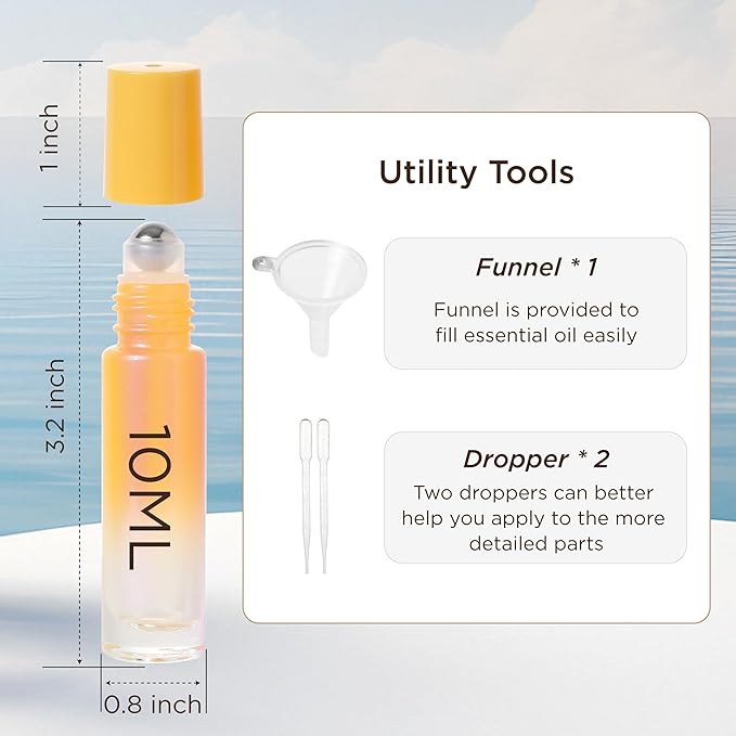 SESENSE Essential Oil Roller Bottles, 10ml Thick Glass Perfume Roller Bottles with Funnel Opener and Dropper Colored Glass Empty Bottles with Stainless Steel Roller Balls (Orange, 12 Pack)
