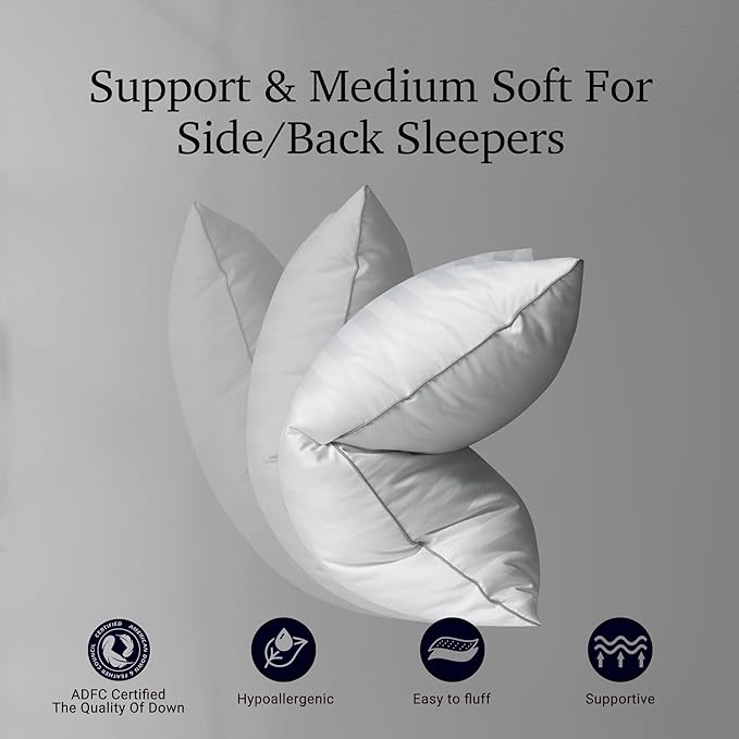 Hotel Grand White Feather Down Pillows King Size Set of 2 Packs Bed Pillows Medium Firm Hypoallergenic 100% Cotton Breathable Hotel Collection Back/Side Sleeping Pillows,36"x20"/2 Packs