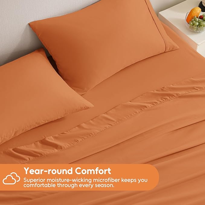 Twin XL Sheets Set, 3 Pieces Hotel Luxury Soft Microfiber Bed Sheets Set, Up to 16" Deep Pockets, Oeko-Tex Sheets with Elastic, Breathable, Wrinkle Free (Pumpkin Orange, Twin XL)