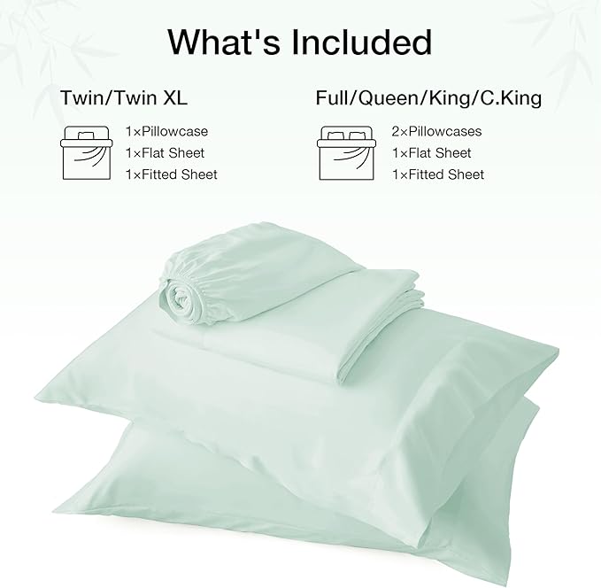 Love's cabin 4 Piece Full Size Sheet Set, 100% Rayon Derived from Bamboo, Cooling & Breathable, Soft Silky Deep Pocket up to 16", Hotel Luxury Bedding for Hot Sleepers, Sea Glass