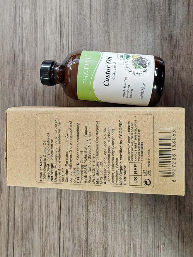 PHATOIL Castor Oil Organic Cold Pressed Unrefined Glass Bottle with Pump, 236 ml (8 fl.oz) USDA Certified Organic Castor Oil for Hair Growth, Eyelashes, Eyebrows, Pack Wraps, Carrier Oil, Hexane Free