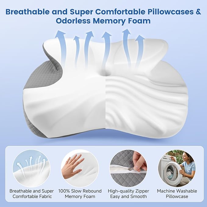 Side Sleeper Pillow, Memory Foam Cervical Neck Pillow, Dual Height Orthopedic Contour Pillow for Neck Support, Ergonomic Pillow for Side Back Stomach Sleepers with Breathable Washable Cover