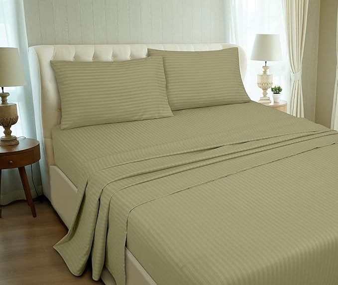ROYALE LINENS 4 Piece Cal King Sheets Set - Soft Brushed Microfiber - 1 Fitted, 1 Flat Sheet, 2 Pillowcases - Wrinkle Free & Fade Resistant - Hotel Luxury Bed Sheets (Stripe Sage Green, Cal King)