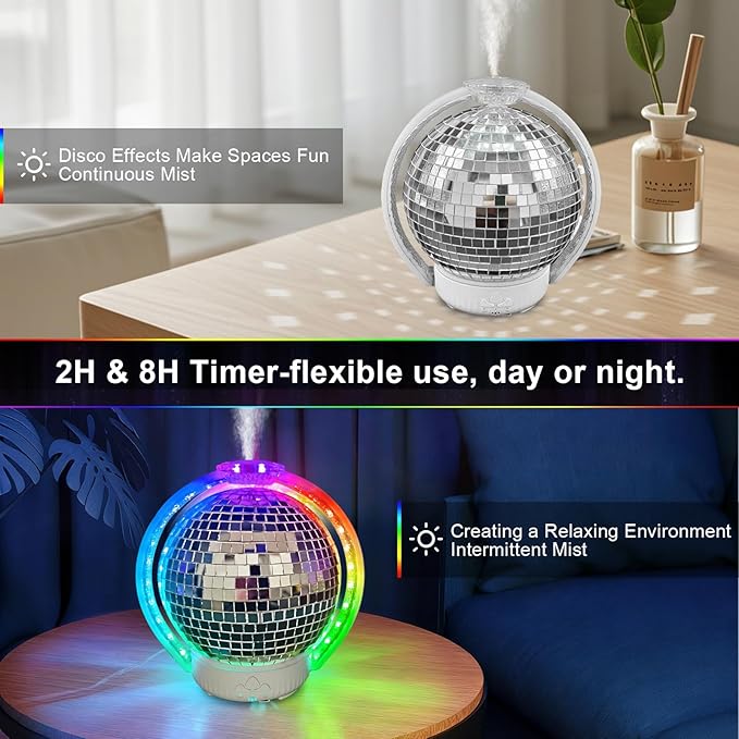 Rotating Disco Ball Diffuser, Mirror Ball Cute Diffuser with RGB Color Night Light, 2Timer Seting & 3 Light Mode Mirror Essential Oil Diffuser Aromatherapy Diffuser for Home Decor, Party, Bedroom