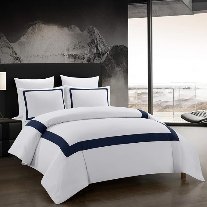 OSVINO Twin Duvet Cover Set - Hotel Collection Navy Blue Line Pattern Microfiber Bedding, 2 Pieces with Pillowcase, Soft Breathable with Zipper Closure, Lightweight All-Season, Comforter Not Included