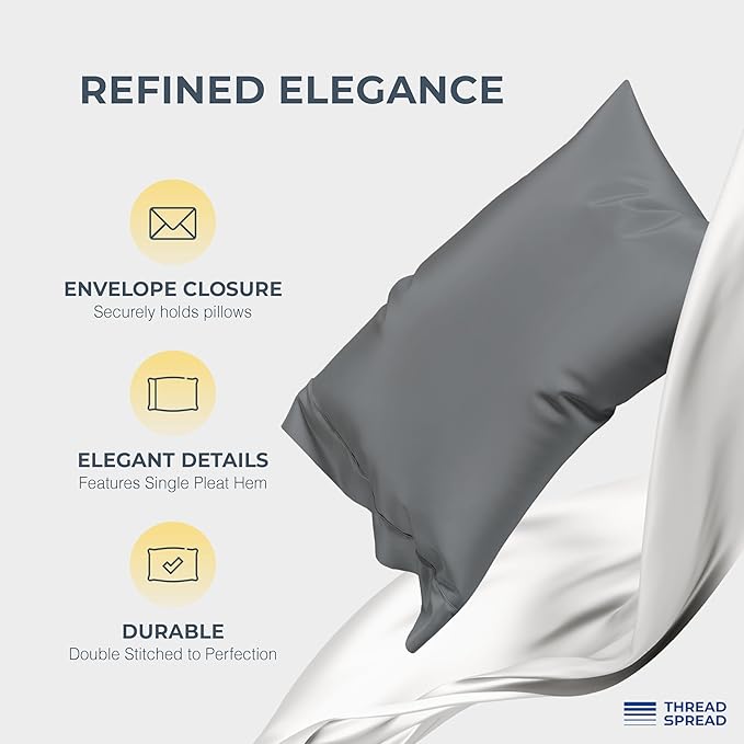 THREAD SPREAD 100% Egyptian Cotton Pillow Cases Queen Size Set of 2 - Luxury 1500 Series Queen Pillow Cases (Dark Grey), Soft Cooling Envelope Closure Hotel Quality Egyptian Cotton Pillowcases