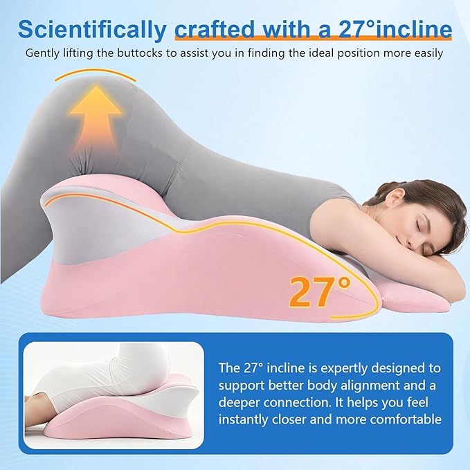 Memory Foam Wedge Pillow, Ergonomic Contoured Intimacy Couples Pillow, 27° Angled Neck Support Pillow Back Support Cushion, Multi-Functional Bed Position Pillow with Removable Cover Pink