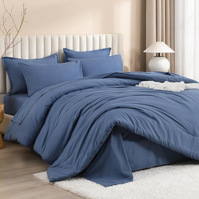 Litanika Queen Comforter Set Ocean Blue - 7 Pieces Bed in a Bag Queen Bedding Comforter Sets, Solid Lightweight Bed Set with Comforter, Sheets, Pillowcases & Shams