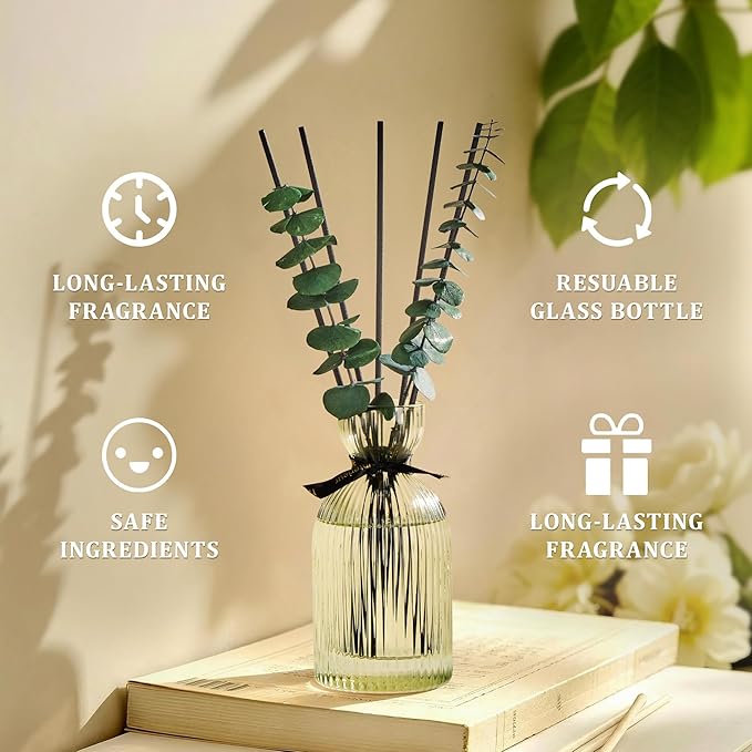 Airkeep Reed Diffuser Set 6.76 oz – Wild Mint & Eucalyptus Home Fragrance with Eucalyptus Sticks – Decorative Glass Bottle for Bathroom, Bedroom & Living Room Décor – Gift Ready