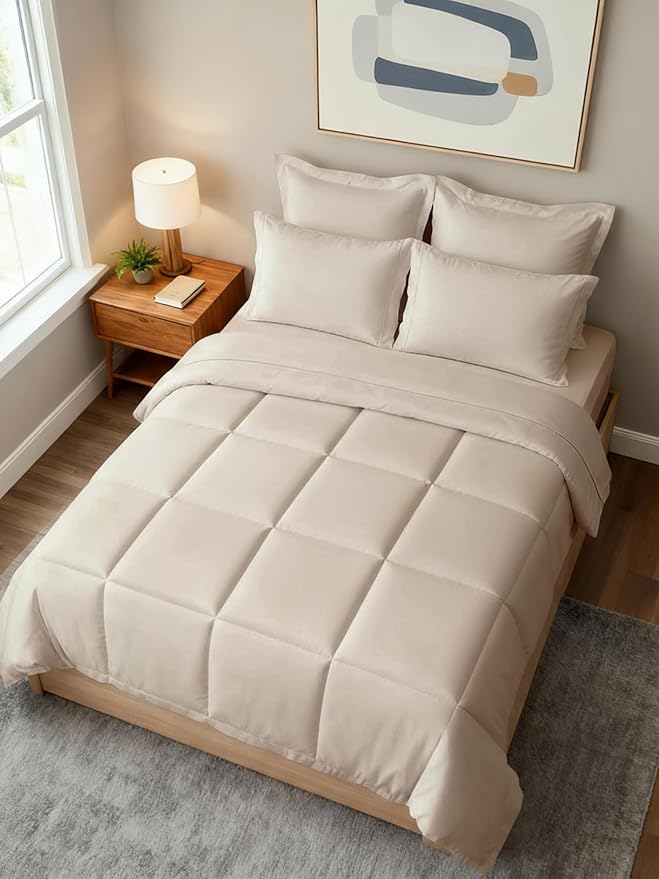 King Comforter Set - 7 Piece Bed in a Bag King Size Bed Set - Down Alternative Comforter, Flat Sheet, Fitted Sheet, Pillowcase & Shams for All Seasons - Ultra Soft, Cozy, Comfy and Breathable - Wheat