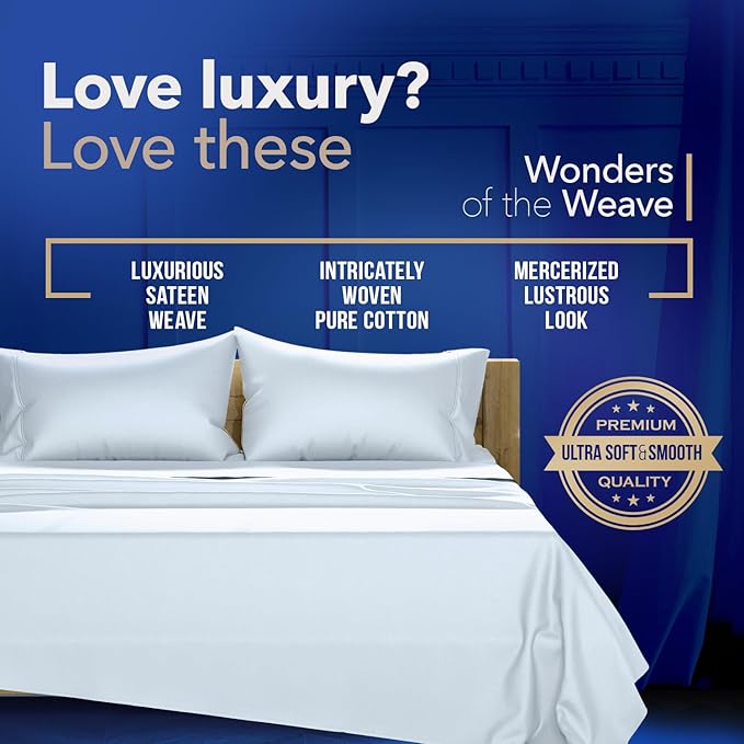 TEXAS LINEN CO. Luxury Egyptian Cotton King Light Blue Pillow Cases Set of 2-1000 Series Lonestar Lovin' Collection Pillowcases for Sleeping, Cooling Extra Long Staple Sateen Bed Pillow Cover
