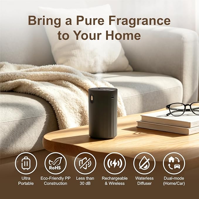 ASAKUKI Waterless Diffuser for Essential Oil, Home & Car Diffuser, with Adjustable Mist Levels and Timer, Mini Scent Air Machine, Ideal for Home, Car, Office and Travel