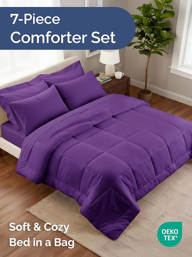 Full Comforter Set - 7 Piece Bed in a Bag Full Size Bed Set - Down Alternative Comforter, Flat Sheet, Fitted Sheet, Pillowcase & Shams for All Seasons - Ultra Soft, Cozy, Comfy & Breathable - Purple