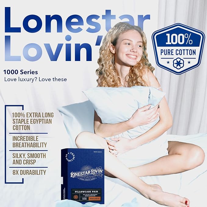 TEXAS LINEN CO. Luxury Egyptian Cotton King Sea Foam Pillow Cases Set of 2-1000 Series Lonestar Lovin' Collection Pillowcases for Sleeping, Cooling Pillow Cover, Extra Long Staple Hotel Pillow Cases