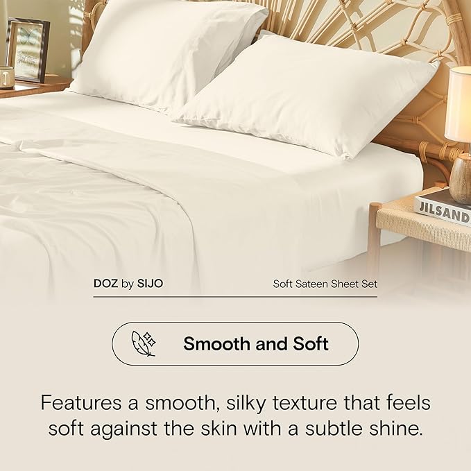 DOZ 100% Long Staple Cotton Duvet Cover Set, Soft Sateen Weave, Smooth, Breathable, Hotel Comfort, 106"x90", 8 Loops, 3pc – 2 Pillowcases 1 Duvet Cover (Ivory, King/Cal King)