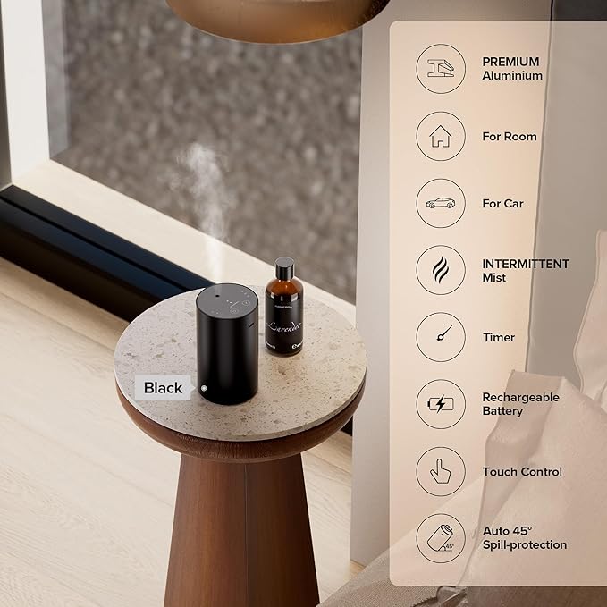 Waterless Essential Oil Diffuser Starter Kit with 30mL Sandal Lux Fragrance Oil Inspired by Luxury Hotel Scent for Home Car Office, Aroma Air Diffuser, Baterry Operated, ADX-Kit Metal Desert Titanium