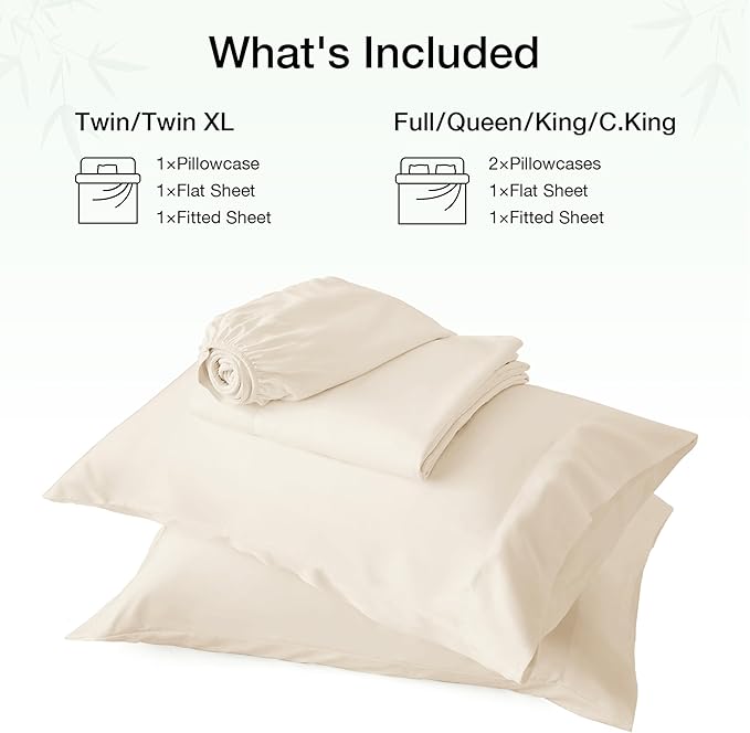 Love's cabin 4 Piece Queen Sheet Set, 100% Rayon Derived from Bamboo, Cooling & Breathable, Soft Silky Deep Pocket up to 16", Hotel Luxury Bedding for Hot Sleepers, Beige