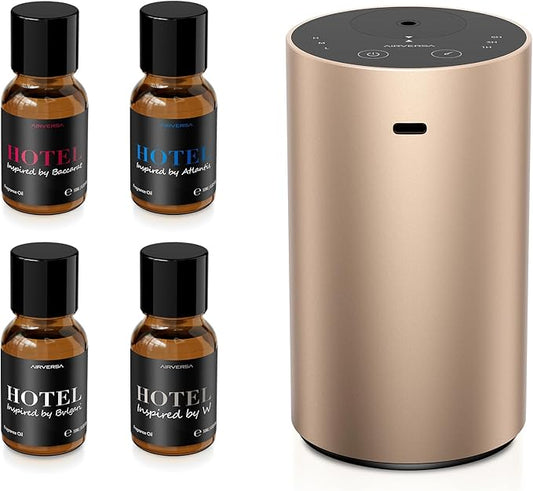 Airversa Waterless Essential Oil Diffusers Starter Kit with 4 x 10mL Hotel Scent Fragrance Oil, Aluminum Housing, Battery Operated Mini Scent Air Portable Diffuser for Home Car Office Titanium