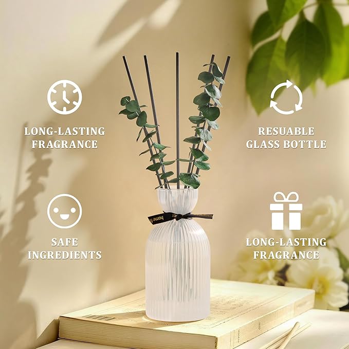 Airkeep Reed Diffuser Set 6.76 oz – White Flower Home Fragrance with Eucalyptus Sticks – Decorative Glass Bottle for Bathroom, Bedroom & Living Room Décor – Gift Ready