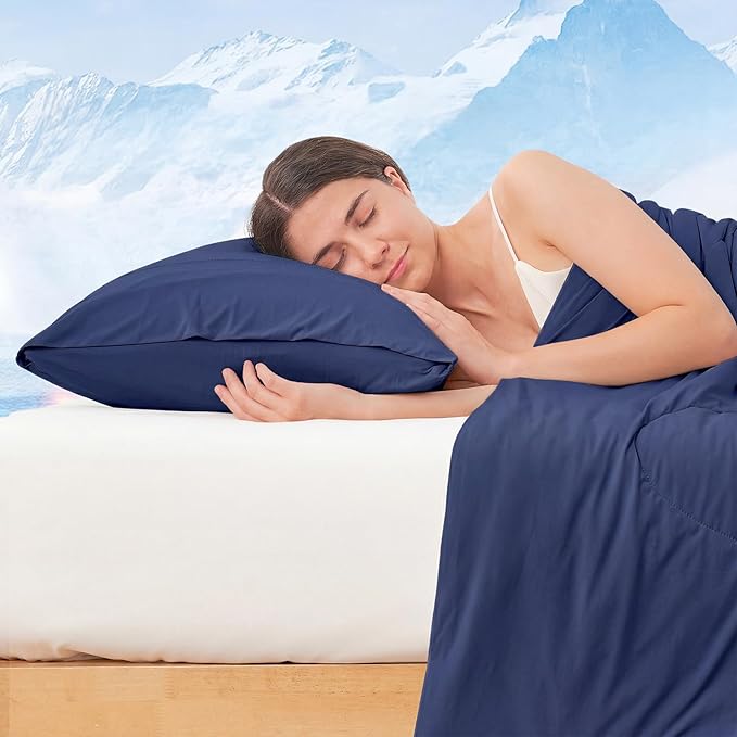 Cozy Bliss Cooling Pillow Cases for Hot Sleepers, Q-Max>0.45, King Size Set of 2, Soft & Silky Pillow Covers with Envelope Closure,Gift, Dark Blue, 20x36 Inches