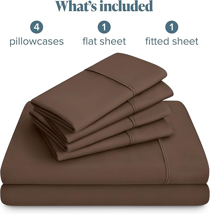 Bare Home Hotel Luxury Full XL Sheet Set, Extra Soft - 6 Piece Set - Deep Pockets - Easy Fit - Cooling & Breathable - Wrinkle, Fade, Stain Resistant - Includes 4 Pillowcases (Full XL, Cocoa)