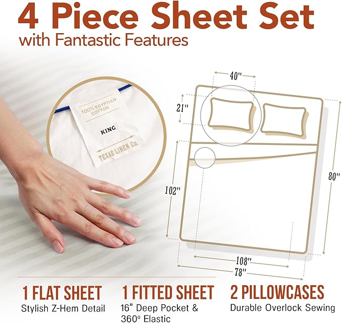 TEXAS LINEN CO. Luxury Egyptian Cotton King Size Sheet Set - Texan Talkin' Damask 600 Series 4 PC Deep Pocket Fitted and Flat Sheets, Cooling Extra Long Staple Sateen Hotel Bedding - Ivory Stripe