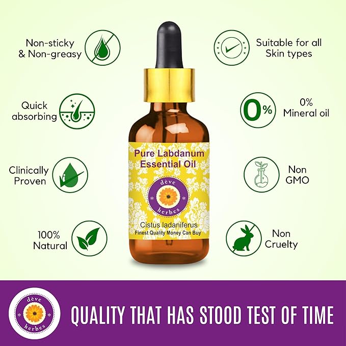 dève herbes Labdanum Essential Oil (Cistus ladaniferus) with Glass Dropper | Pure | Viscous Texture | Unisex | All Skin Types | External Use | Natural Extract | Steam Distilled 120ml (4 oz)