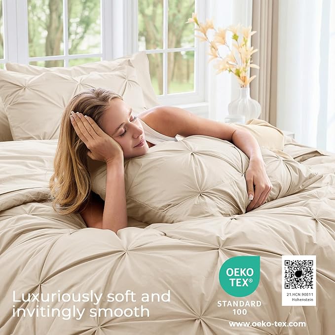 Sasttie Twin Comforter Set, 5-Piece Bed in a Bag, Pintuck Bedding Sets for All Season, Includes Comforter, Flat Sheet, Fitted Sheet, Pillowcase and Pillowsham, Warm Beige