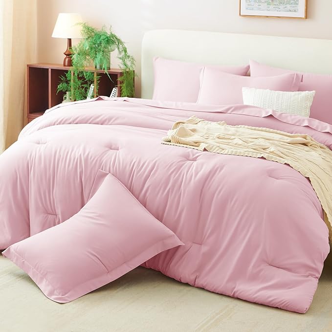 CozyLux King Size Comforter Set Pink, 7 Pieces Bed in a Bag King Comforter Set with Sheets, Luxury Soft Bedding Sets with Down Alternative Comforter, Fitted Sheet, Flat Sheet, Pillowcases & Shams