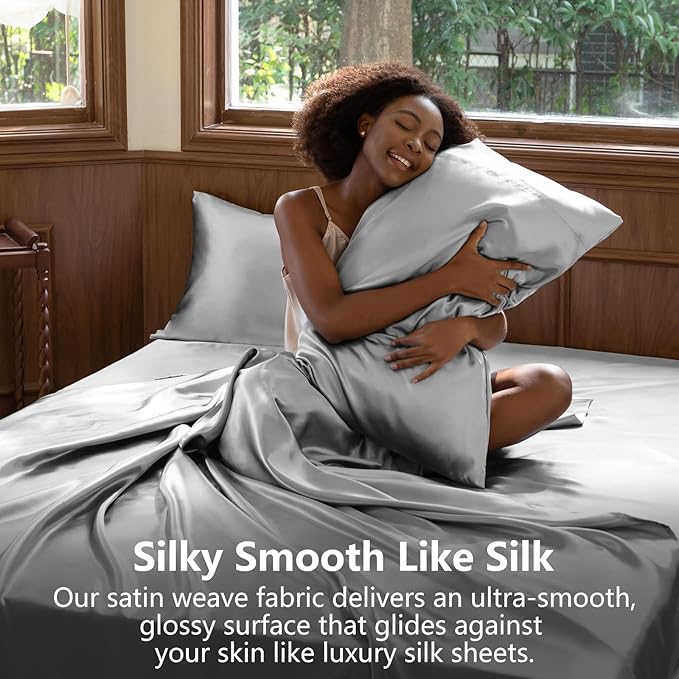 CozyLux Satin Sheets Queen Size Bed Set - 4 Piece Silky Queen Sheet Set, Luxury Light Grey Queen Sheets with Smooth and Soft Microfiber, Includes 1 Fitted Sheet, 1 Flat Sheet and 2 Pillowcases