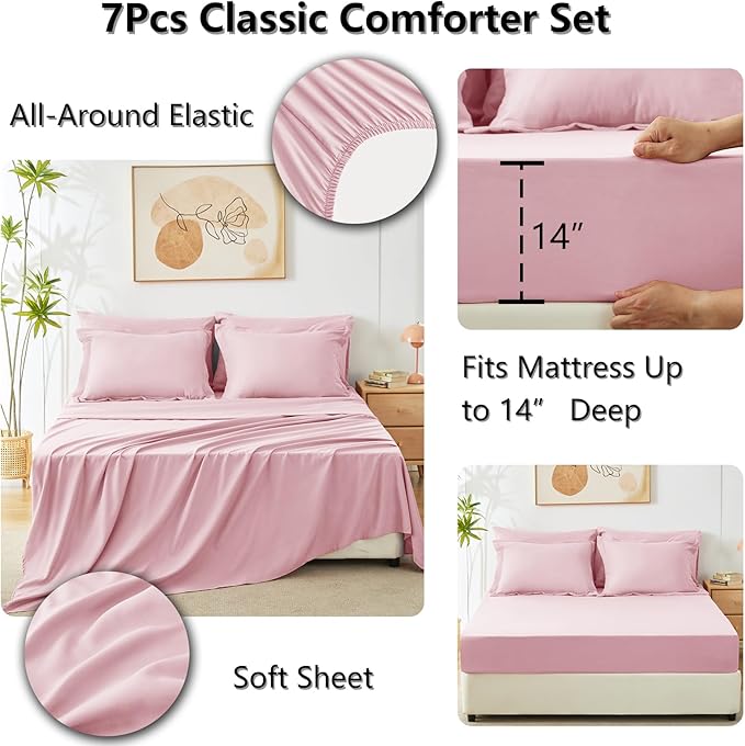 CozyLux Oversized King Comforter Set Pink, 7 Pieces Bed in a Bag Comforter Set with Sheets Luxury Bed Set for All Seasons, Bedding Set with Down Alternative Comforter, Sheets, Pillowcases & Shams