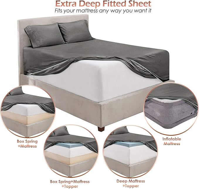 Hearth & Harbor Extra Deep Pocket Sheets - Fits Mattress 18-24 Inches Deep - Extra Deep Pocket Full Size Sets - 6 Piece Full Size - Full - Gray