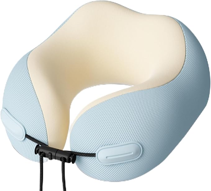 Cool Fly - Cool Colors Travel Neck Pillow Set. Cool Bright Fashion Pastel Colors. Luxury Memory Foam Airplane Adjustable Pillow. Cooling Silky Breathable Cover with Bonus Sleep mask, Blue-Beige