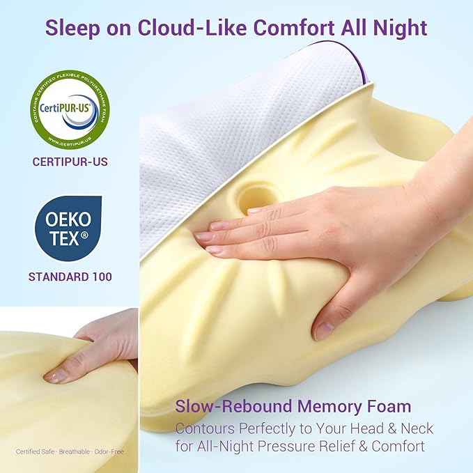 AZBESTPRO Memory Foam Cervical Pillow for Neck Support & Pain Relief, Butterfly Ergonomic Design – 24×15.75×5.7 Inches, Removable 100% Polyester Pillowcase, Suitable for Side & Back Sleepers (Purple)