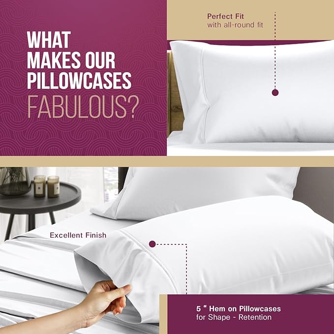 TEXAS LINEN CO. 100% Egyptian Cotton Pillow Cases King Size Set of 2 - Luxury 1200 Series Star Sleepin' Damask Sateen Pillow Covers (White Stripe), Breathable Hotel Pillowcases, Fits King Size Pillows