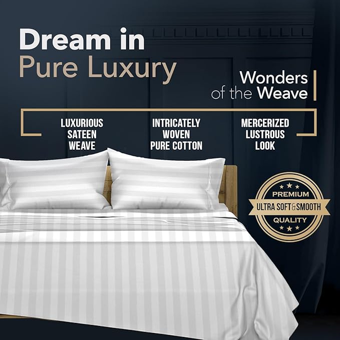 TEXAS LINEN CO. 100% Egyptian Cotton King Sheets Set - Luxury 1500 Series Couture Comfortin' Damask Egyptian Cotton Sheets King Size Bed Set (4 PC, White Stripe), 17" Deep Pocket, Hotel Bedding Set