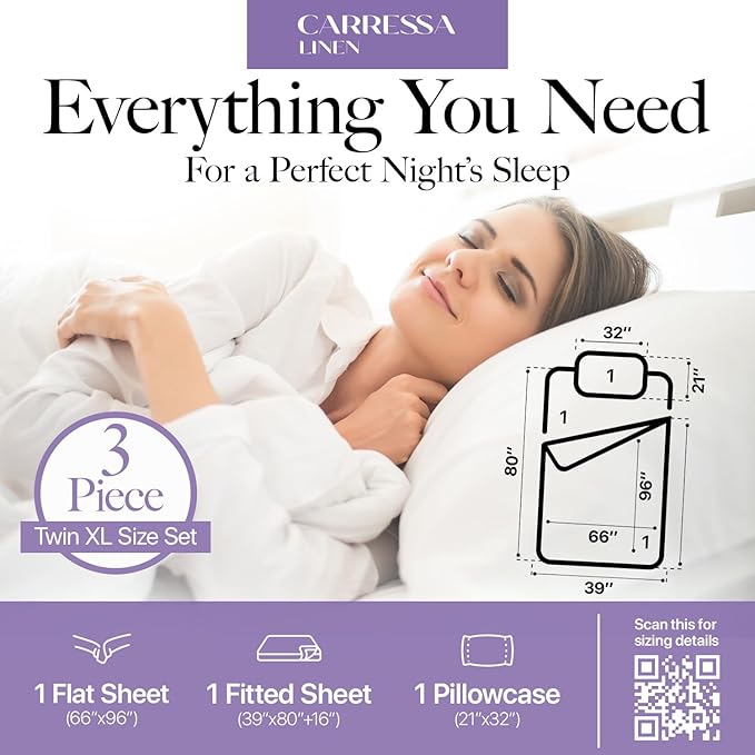Carressa Linen Striped Egyptian Cotton Sheets Twin XL Size - 600 Series Hydrangeas Collection Damask Twin XL Deep Pockets Sheet Set (3 PC, Silver Stripe), Sateen Bottom Sheets for Dorm Room
