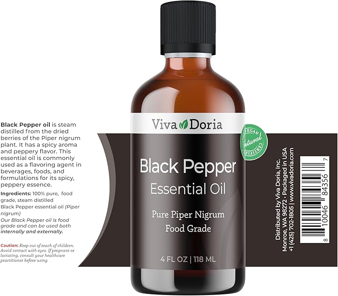 Viva Doria Black Pepper Essential Oil, 100% Pure, Natural Essential Oil, Undiluted, for Aromatherapy | Food Grade, 118 mL (4 Fluid Ounce)