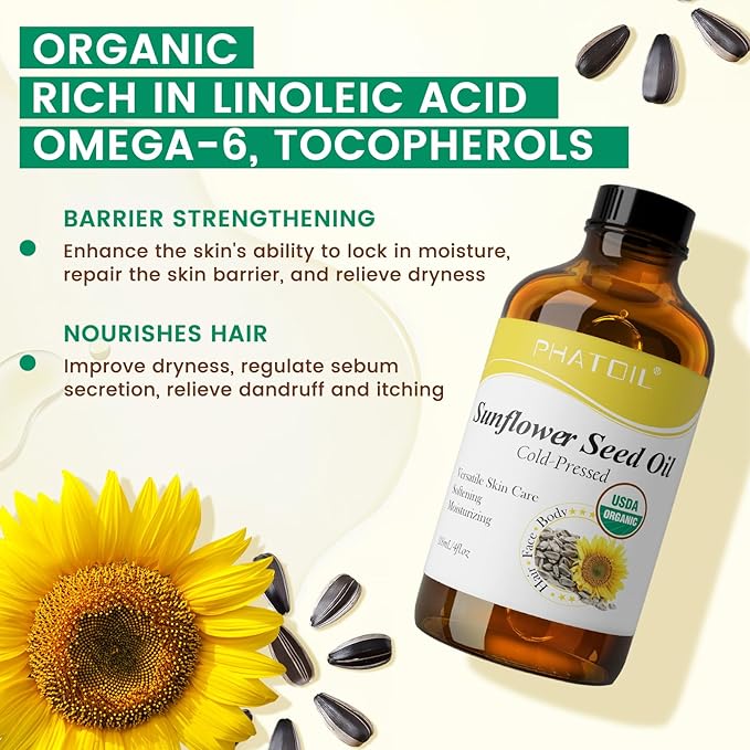 PHATOIL Organic Sunflower Seed Oil for Skin 118 ml (4 fl.oz), USDA Certified Organic, Cold Pressed Sunflower Oil in Glass Bottle for Hair, Body Moisturizer, Carrier Oil for DIY, Massage