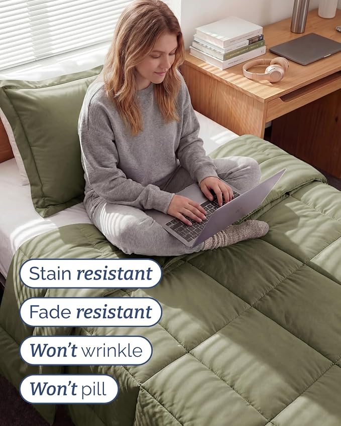 Twin XL Comforter Set - 2 Piece Bed Set for All Seasons - 1 Soft Quilted Comforter w/ Corner Tabs & 1 Pillow Sham - Comfy & Breathable - Premium Down Duvet Insert - Oeko-TEX - Twin XL Size, Sage Green