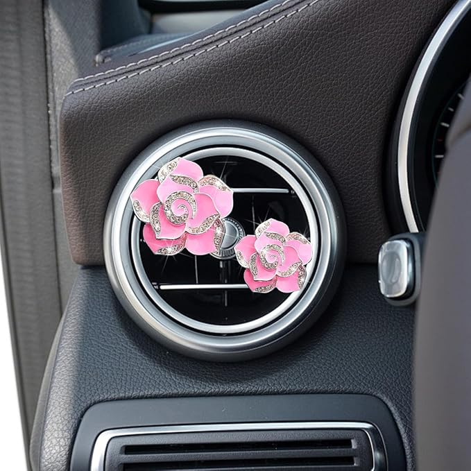 4PCS Bling Car Air Vent Clips, Flower Shiny Rhinestone Clip-on Vehicle Air Outlet Clamp, Sparkly Diamond Auto Interior Vent Decoration Clip, Universal for SUV Automobile Truck (Pink)
