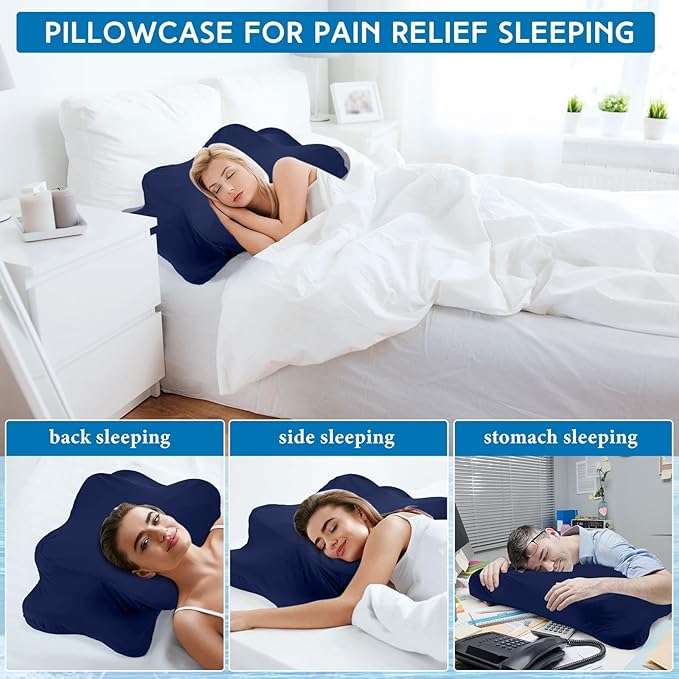 Hahafelt Cooling Cervical Pillowcase Cover with Envelope Closure (Only Pillow Case) Ergonomic Neck Pillowcase Smooth Soft Cool Pillow Cover for Side Back Stomach Sleepers(Dark Blue,Standard Size)