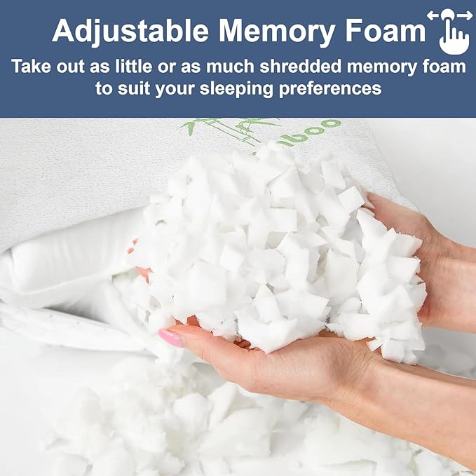Memory Foam Bamboo Pillows King 20" x 36" [Adjustable] for Sleeping - Cool & Breathable Cover with Zipper Rayon Derived from Bamboo Pillowcase - Relieves Neck Pain - Back/Stomach/Side Sleeper