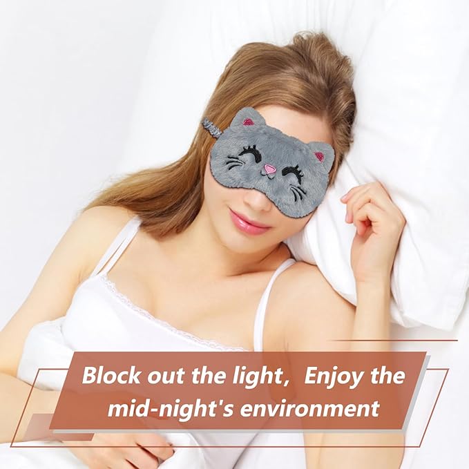 Cute Cat Sleeping Mask Eye Mask Funny Animal Kitten Sleep Mask Soft Plush Blindfold Travel Eye Cover Eyeshade for Kids Adults Girls Boys Women Men (Cat, Gray)