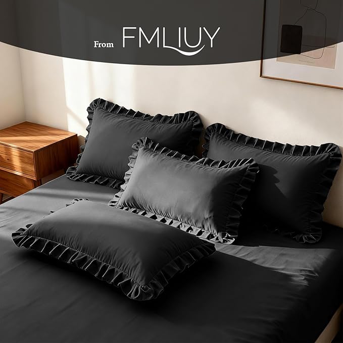 Ruffled Body Pillow Pillowcases Set of 2 – Soft Wrinkle Resistant Brushed Microfiber Body Pillowcases –Envelope Pillow Shams Festive Gift for Hotels, Guest Rooms 20x54 Inch (Black)