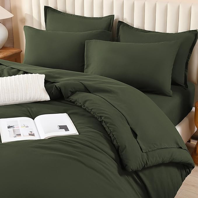 Litanika Comforter Full Size Set Olive Green - 7 Pieces Bed in a Bag Full Bedding Comforter Sets, Plain Lightweight Bed Set with Comforter, Sheets, Pillowcases & Shams