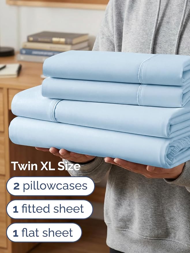 Extra Deep Twin XL Sheet Set - 4 Piece Breathable and Cooling Sheets - Hotel Luxury Bedding for Women, Men, Kids & Teens - Easy & Secure Fit - Soft and Wrinkle Free - Extra Deep Pockets - Light Blue