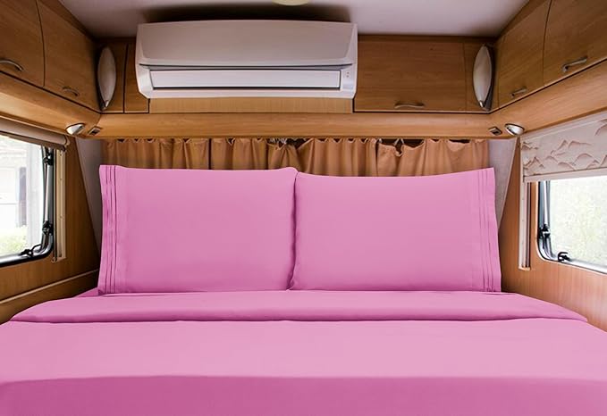 Mocassi Luxury RV Short 4-Piece Sheet Set - 1800 Premium Hotel Quality - Easy-Fit, Wrinkle, Fade Resistant Bed Sheets and Pillowcases - All Around Elastic Fitted Sheet, Deep Pocket, Pink